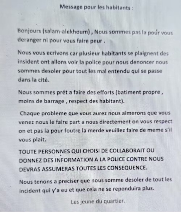 Lettre affichée un peu partout dans la cité 