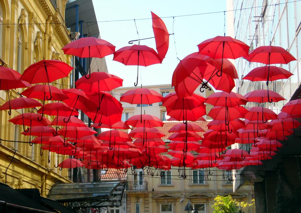 Red umbrellas