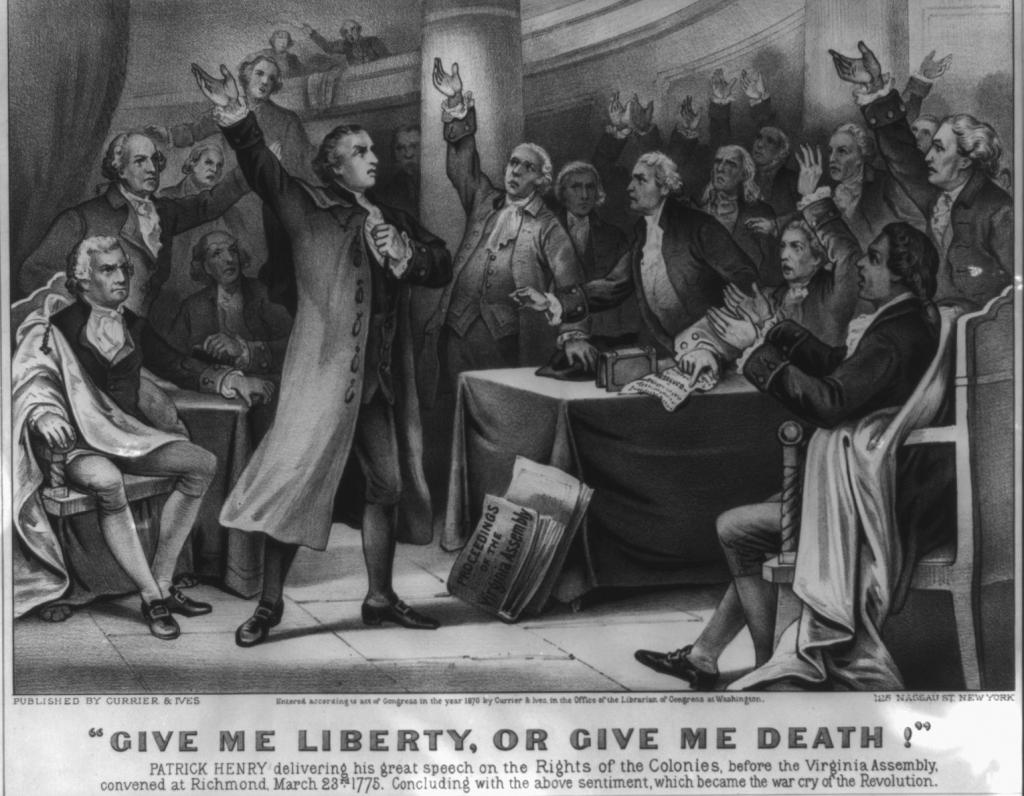Patrick Henry delivering his speech on the Rights of the colonies, before the Virginia Assembly convened at Richmond. March 23, 1775.