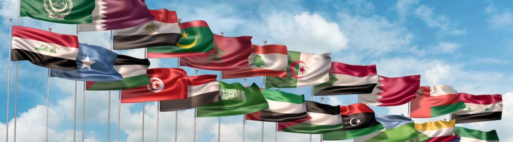 National flags of the 22 member states of the Arab League.