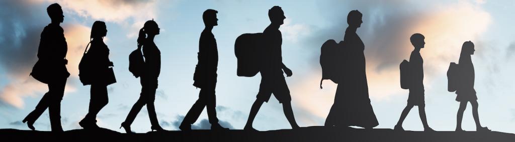 Silhouette of refugee people with luggage walking in a row.