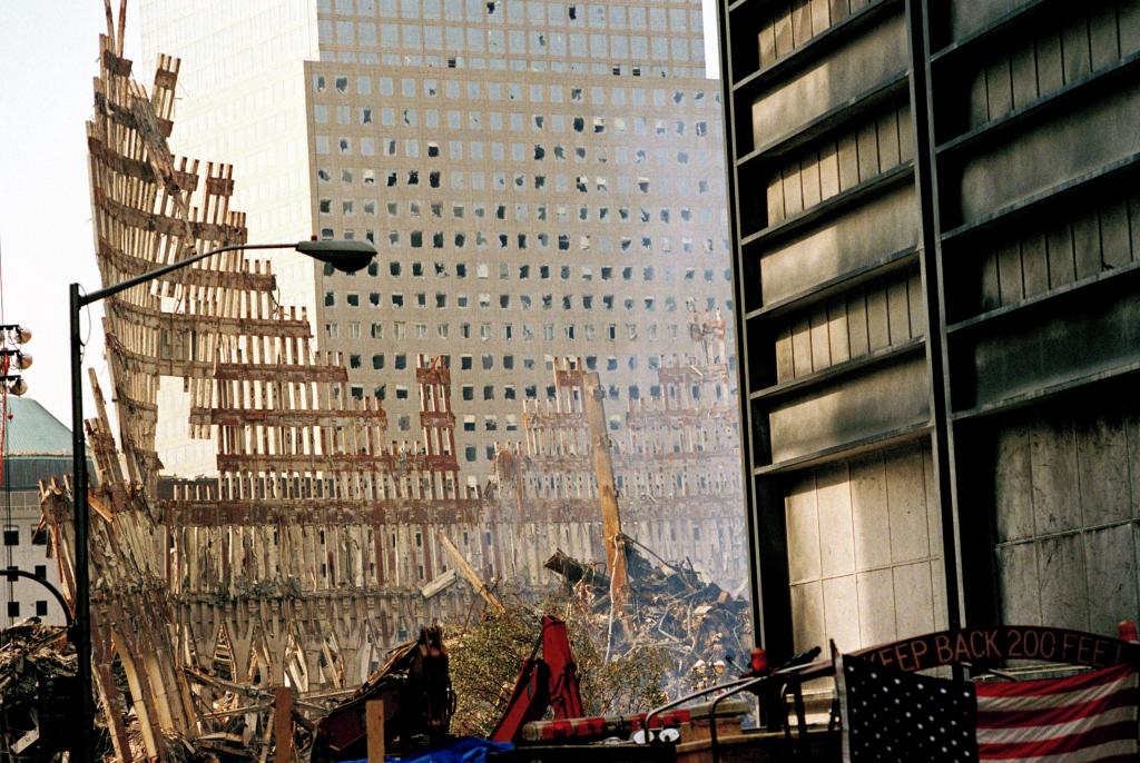 Steel Skeleton of World Trade Center Tower South (one) in Ground Zero days after September 11, 2001 terrorist attack which collapsed the 110 story twin towers in New York City, NY, USA.