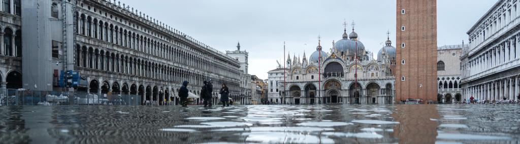 Saint Mark’s Square (Piazza San Marco) during “high water” (acqua alta) in Venice, Italy.