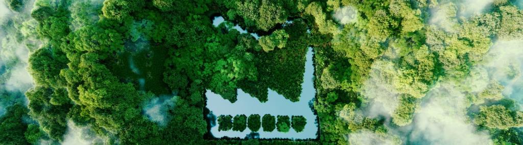 Concept of environmentally friendly production: a pond shaped like a factory in the middle of a lush forest.