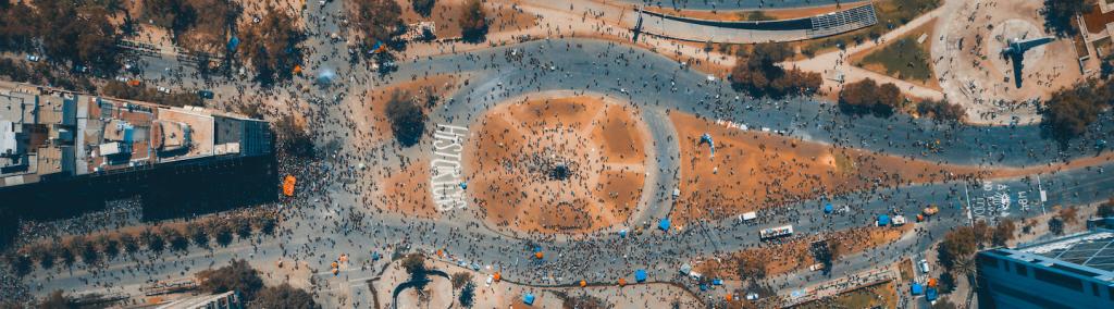 Santiago de Chile, 20 October 2019. Aerial photography on Baquedano square showing thousands of protesters who arrive at the place.