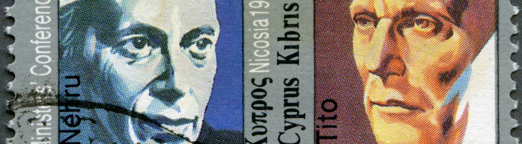Part of a stamp showing Nehru and Tito, Non-Aligned Foreign Minister's Conference, circa 1988.