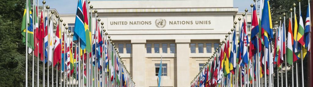 Gallery of national flags at UN entrance in Geneva, Switzerland.