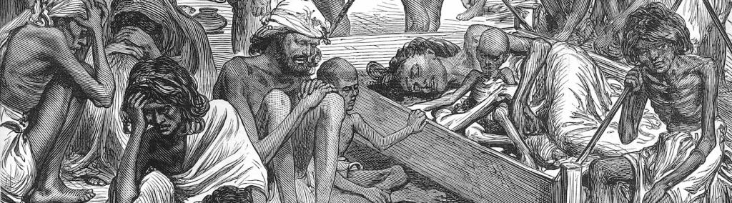 Old engraving showing "The Famine in India: Natives Waiting for Relief at Bangalore” 