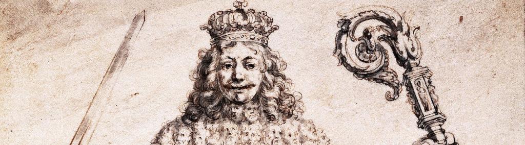 Part of an ink drawing of the 17th century representing the body of the Leviathan State (a giant crowned figure clutching a sword and a crosier) made up of the individuals who compose it.