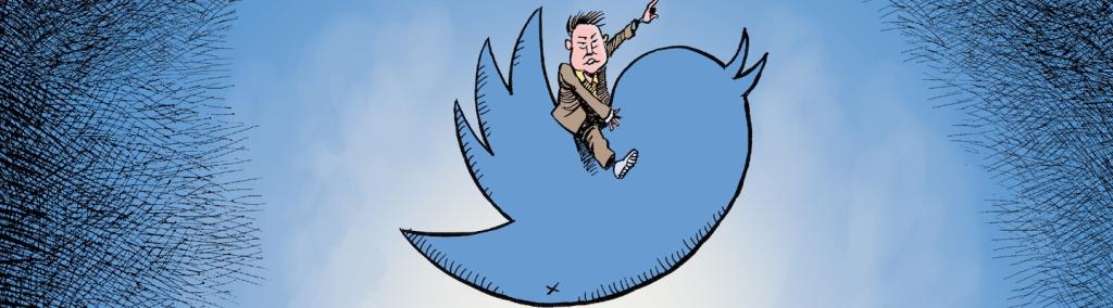 Part of cartoon showing Elon Musk riding Twitter logo