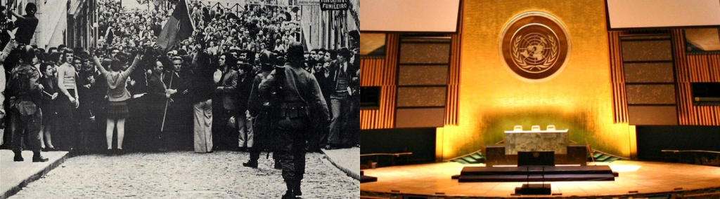 Collage of one photo showing a street of Lisbon during the Carnation Revolution and one photo showing the UN General Assembly hall. 