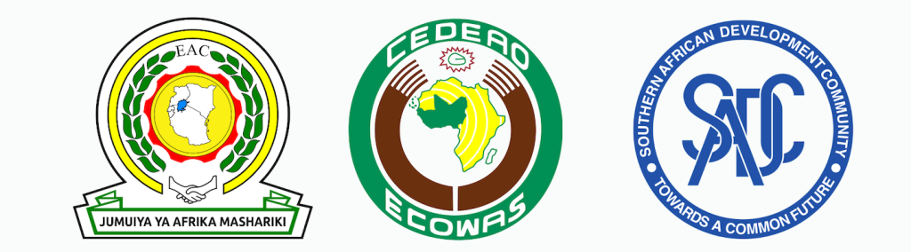 Image showing the logos of the East African Community (EAC), the Economic Community of West African States (ECOWAS) and the Southern African Development Community (SADC).