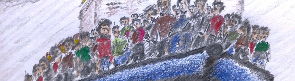 Part of the book cover showing drawing of migrants on a boat