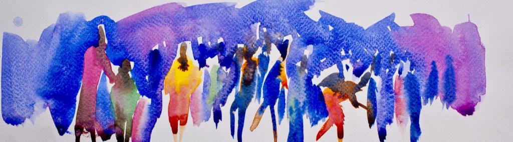 Watercolour figures, banner