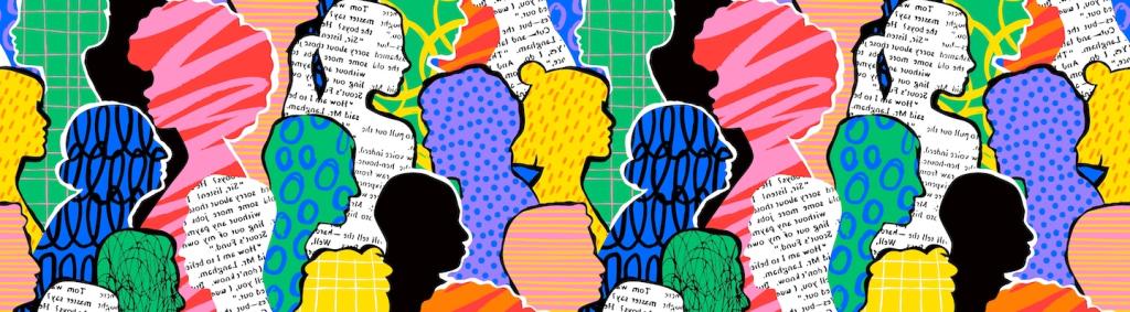 Des gens colorés et divers peuplent des motifs abstraits d’art harmonieux.