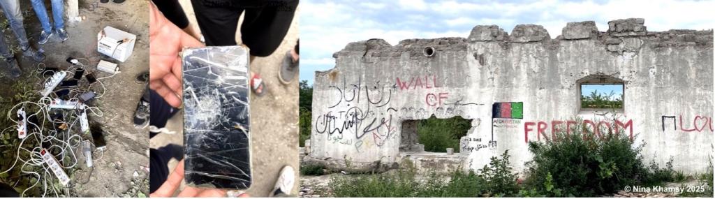 Photo montage showing 1) a charging box and power stripe, 2) a broken phone screen folded in tape, and 3) a ruined wall with various graffiti (Afghan flag, the word "freedom", etc.), Serbia, 2022