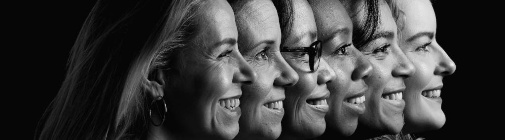 Black-and-white portraits of different women