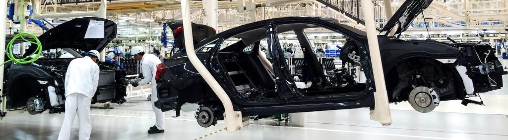 Honda Automobile Thailand assembly line of car body parts at Prachinburi plant in Rojana Industrial Park, Thailand.