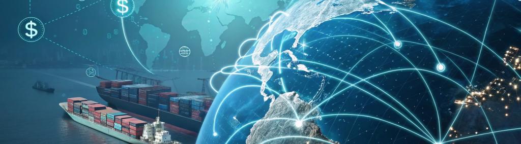 Futuristic digital visualisation of global import tariffs and trade data.