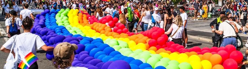 Participants of the annual Christopher Street Day parade at Stachus (Karlsplatz) in Munich on 22 June 2024.