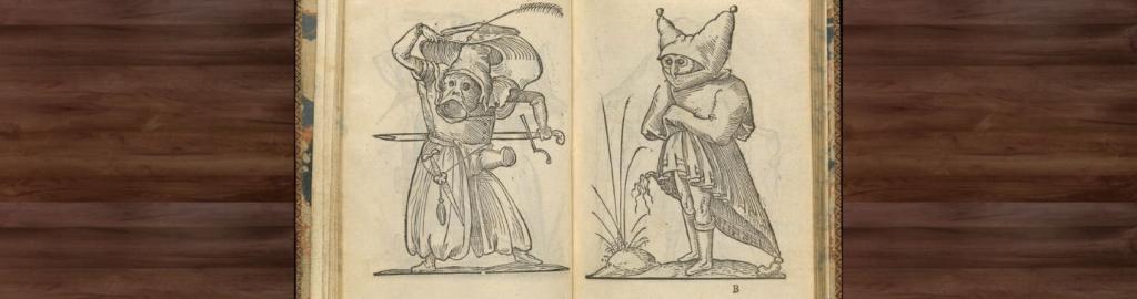 An open medieval book displays two intricate sketches. Left: an armored figure wielding a sword, appearing dynamic. Right: a whimsical character in a peculiar hat, standing calmly. Brown wooden backdrop.