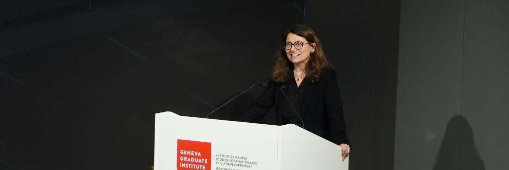 A photo of Marie-Laure Salles, Director of the Geneva Graduate Institute, speaking