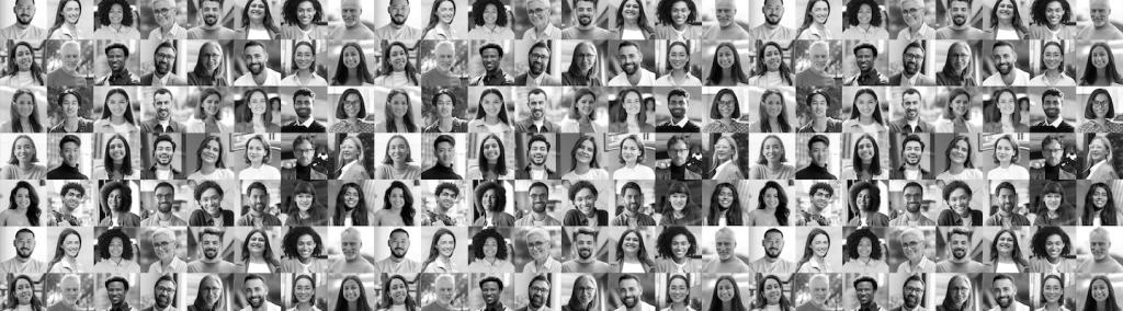 Black and white collage of confident multicultural people