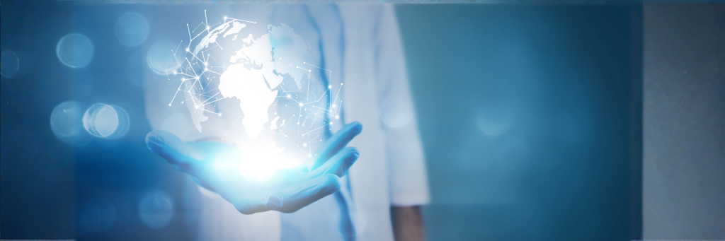 A person in a lab coat holds a glowing digital globe with network connections, symbolizing health innovation and global connectivity, against a blue background.