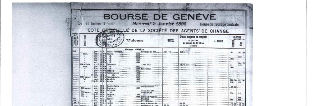 Black and white document titled "Bourse de Genève," dated January 2, 1895. Includes detailed financial data and visible official stamps.