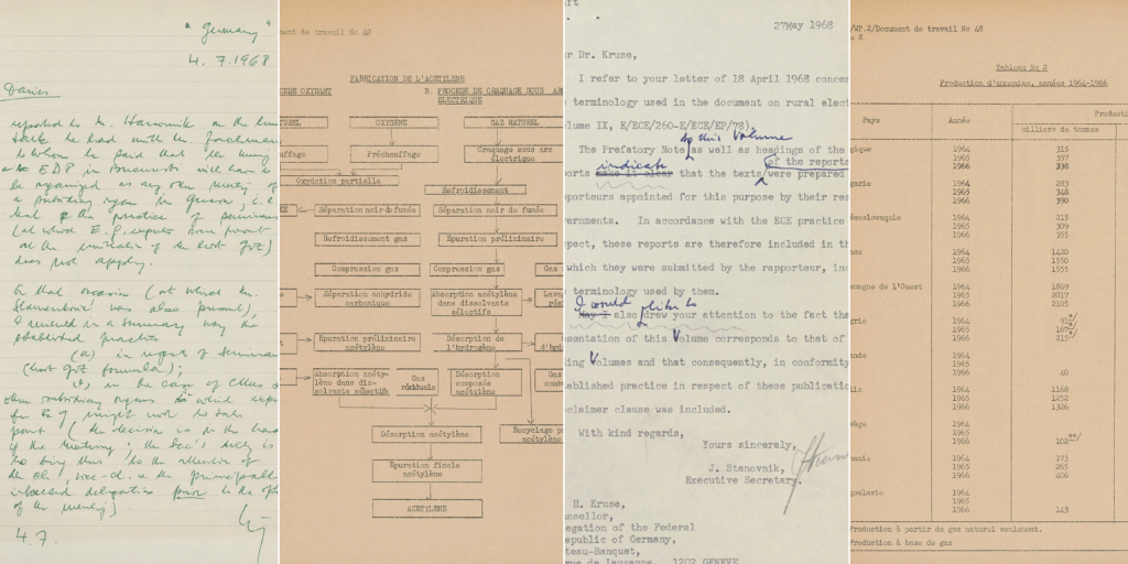 Collage of historical documents: handwritten notes, a typed letter, organizational flowchart, and tabulated figures, conveying archival research.