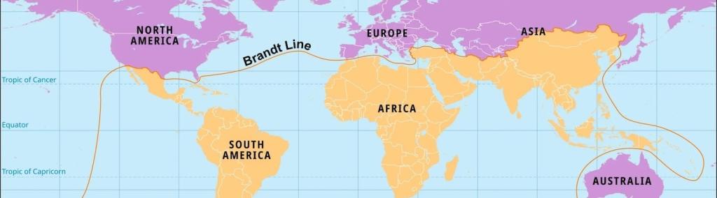 Part of a map showing a common depiction of the Global North and the Global South, as divided by the Brandt Line