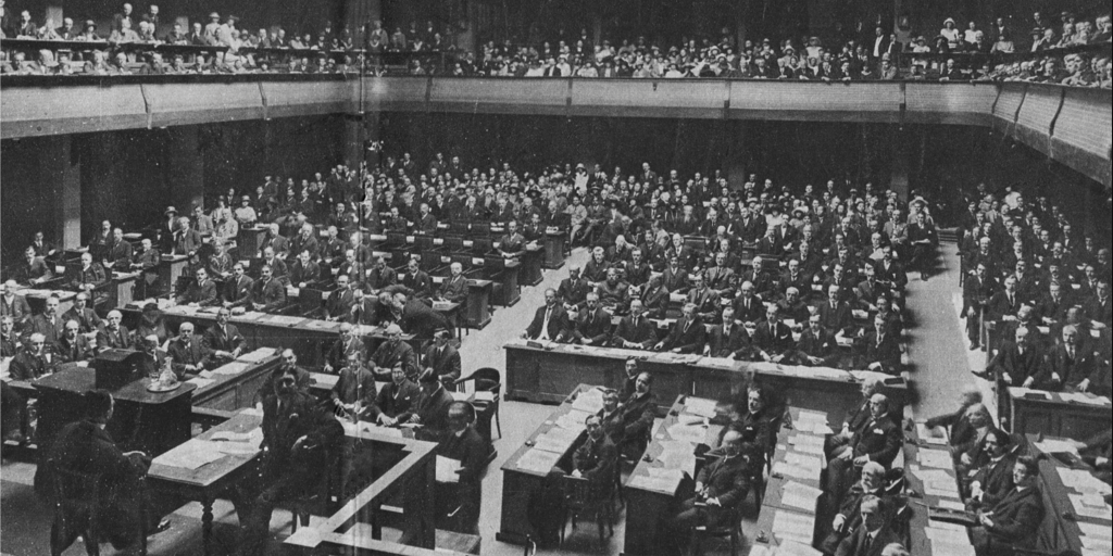 A 1923 photograph of the Assembly of the League of Nations in Geneva, Switzerland.