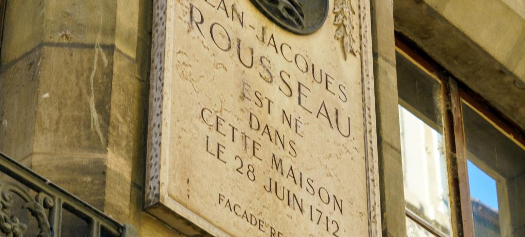Sign with inscription: Jean-Jacques Rousseau was born in this house on June 28th 1712