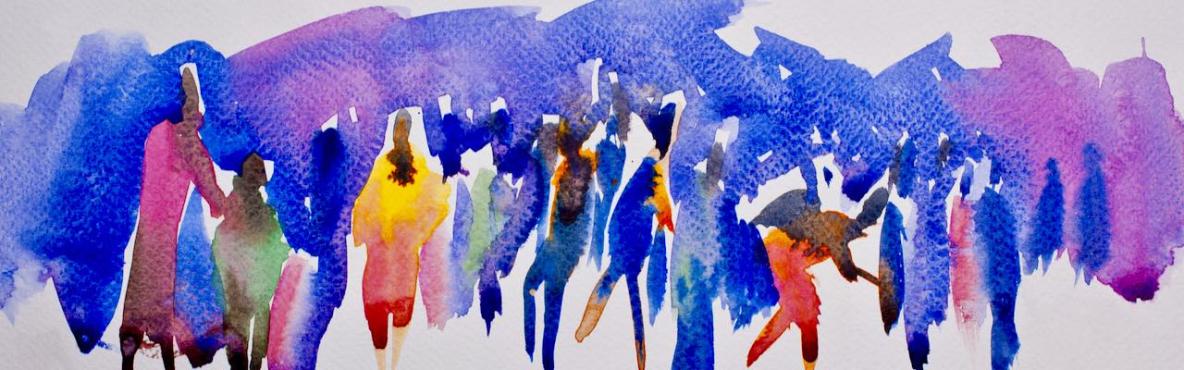 Watercolour figures, banner