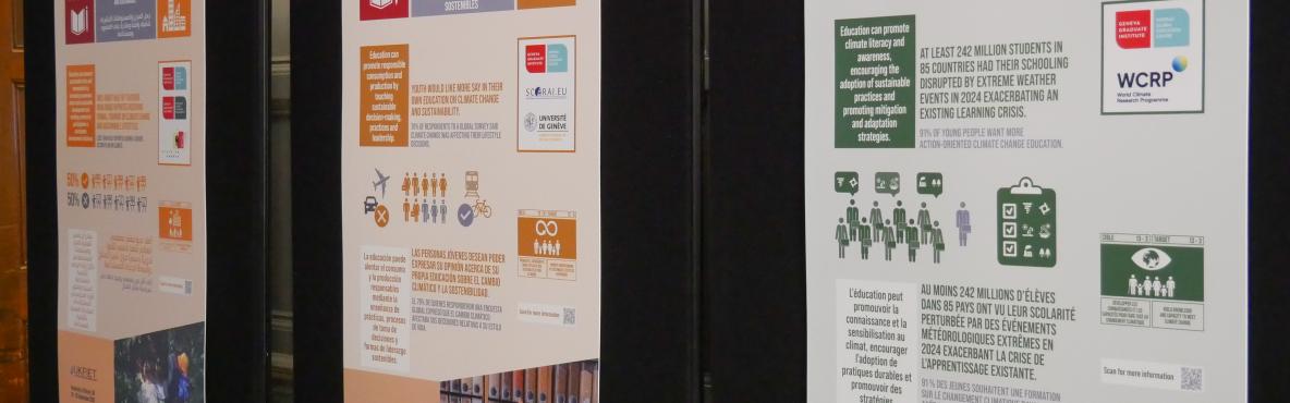 Three informational posters on display boards highlight themes like education and climate action. Bright colors and icons emphasize the sustainable goals.