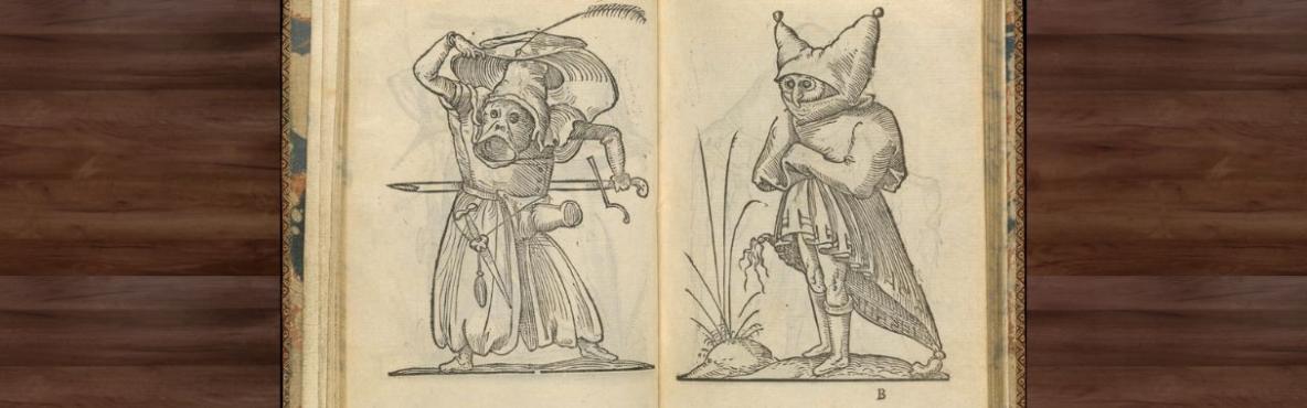 An open medieval book displays two intricate sketches. Left: an armored figure wielding a sword, appearing dynamic. Right: a whimsical character in a peculiar hat, standing calmly. Brown wooden backdrop.