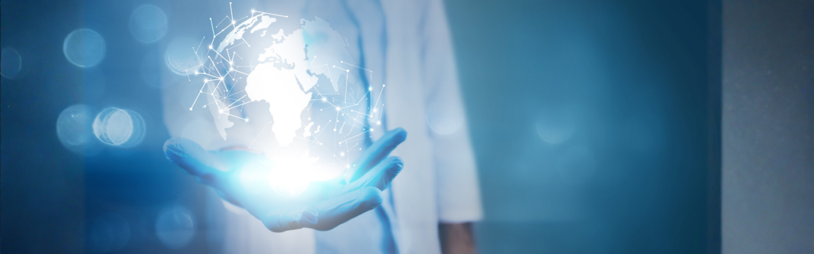A person in a lab coat holds a glowing digital globe with network connections, symbolizing health innovation and global connectivity, against a blue background.