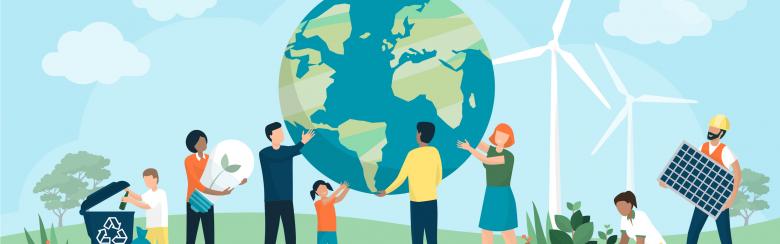 Multiethnic people contribute renewable energy to the planet