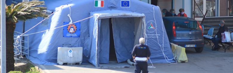 A triage tent set up in front of an Italian hospital. 