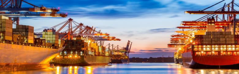 A shipyard with cargo ships and their containers