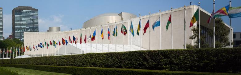 UN General Assembly, world flags flying in front, New York City.