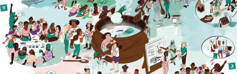 Illustration, through the metaphor of the cooking pot, of a methodology for women who want to build a right to food and nutrition agenda in rural areas.