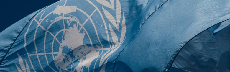 A view of the flag of the United Nations that flies in front of UN Headquarters in New York. With its white emblem on a light blue field, the flag symbolizes the union of all people in search of a permanent, durable peace. 