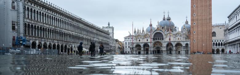 Saint Mark’s Square (Piazza San Marco) during “high water” (acqua alta) in Venice, Italy.