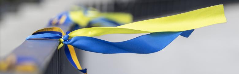 Blue and yellow ribbons are tied to a barricade to show solidarity with Ukraine. 