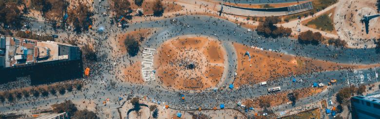 Santiago de Chile, 20 October 2019. Aerial photography on Baquedano square showing thousands of protesters who arrive at the place.