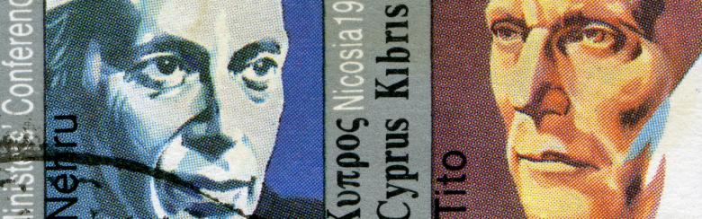 Part of a stamp showing Nehru and Tito, Non-Aligned Foreign Minister's Conference, circa 1988.