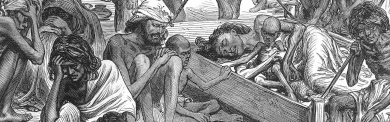 Old engraving showing "The Famine in India: Natives Waiting for Relief at Bangalore” 