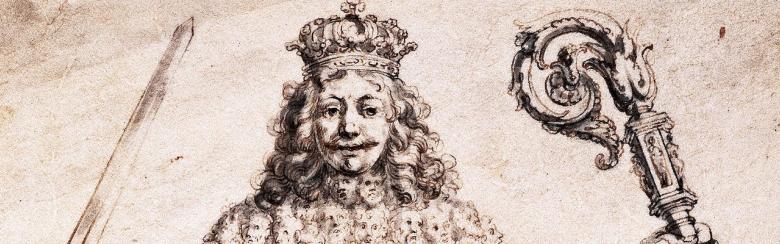 Part of an ink drawing of the 17th century representing the body of the Leviathan State (a giant crowned figure clutching a sword and a crosier) made up of the individuals who compose it.
