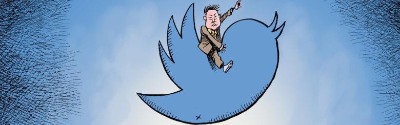 Part of cartoon showing Elon Musk riding Twitter logo
